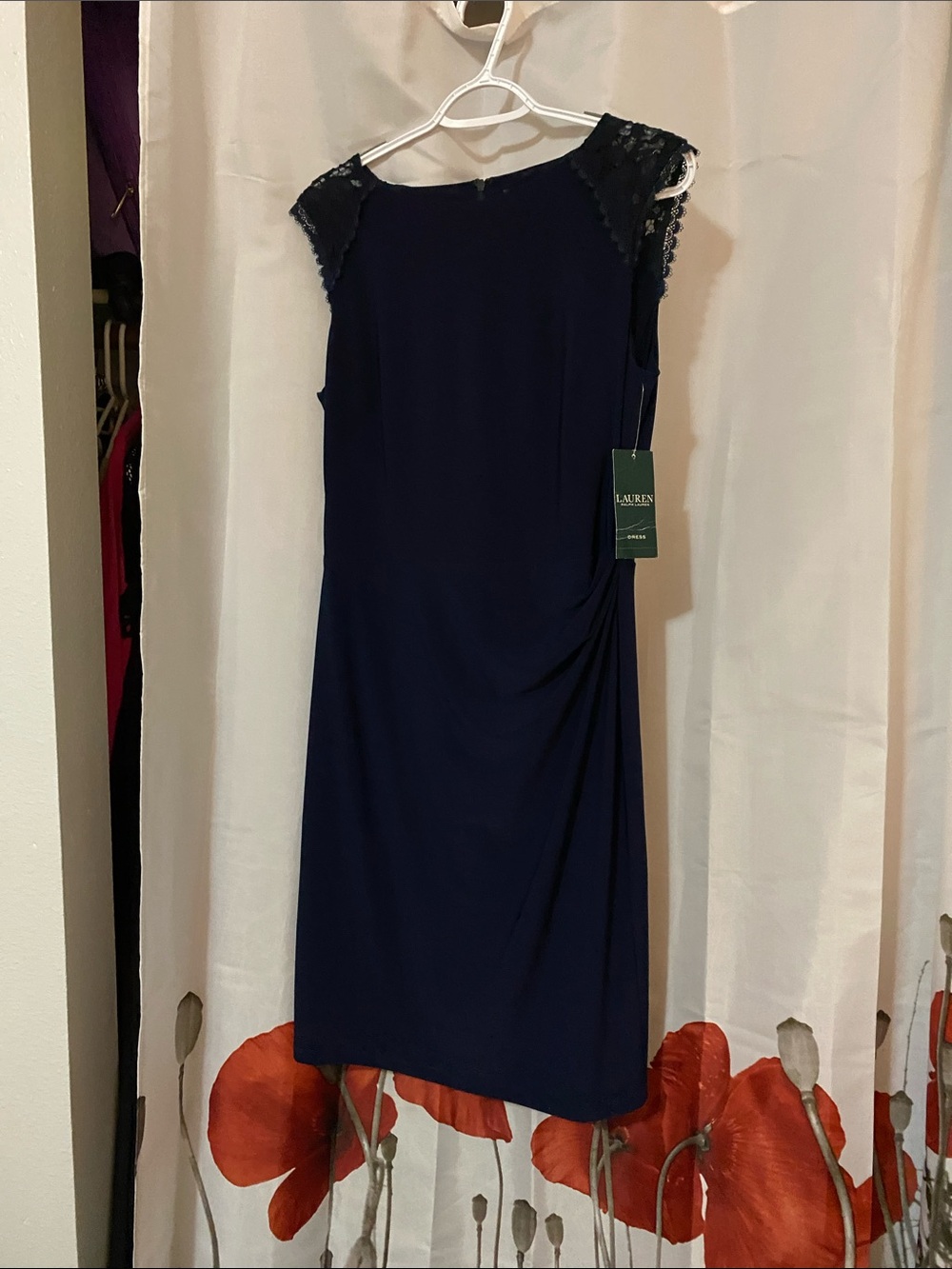 Lauren Ralph Lauren Navy Lace-Shoulder Midi Sheath Dress